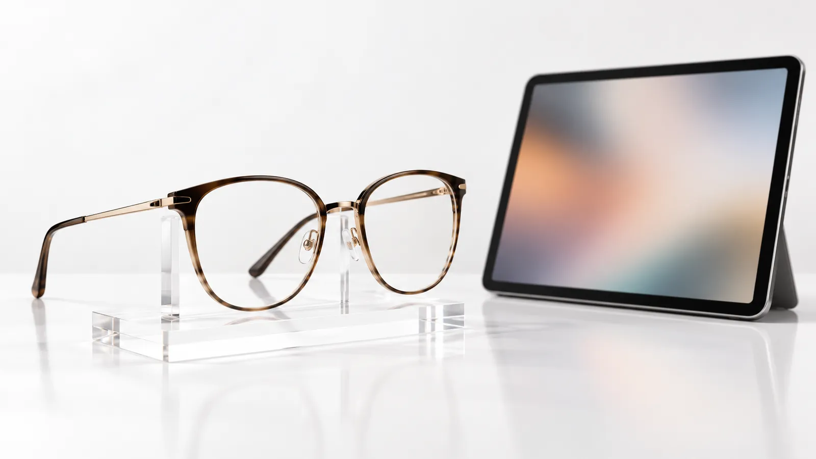 Pereche de rame de ochelari pe un suport transparent, lângă o tabletă